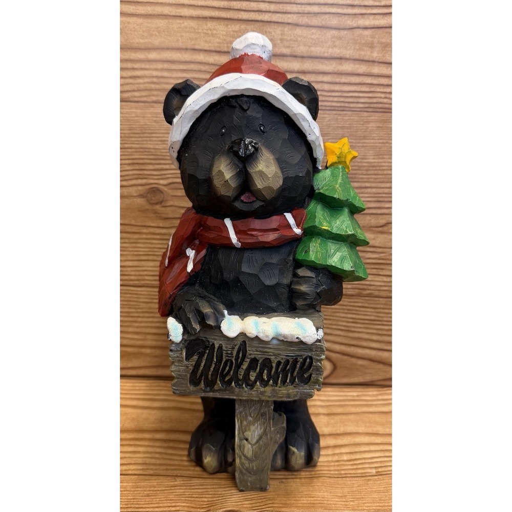 Christmas Holiday Decor Resin Black Bear Statue with Welcome Sign Christmas Tree